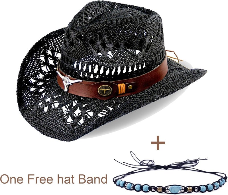 Foeran Men's Women's Straw Cowboy Hat Cowgirl Woven Sun Hat Western Cowboy Hat Two Decorative Bands - Image 4